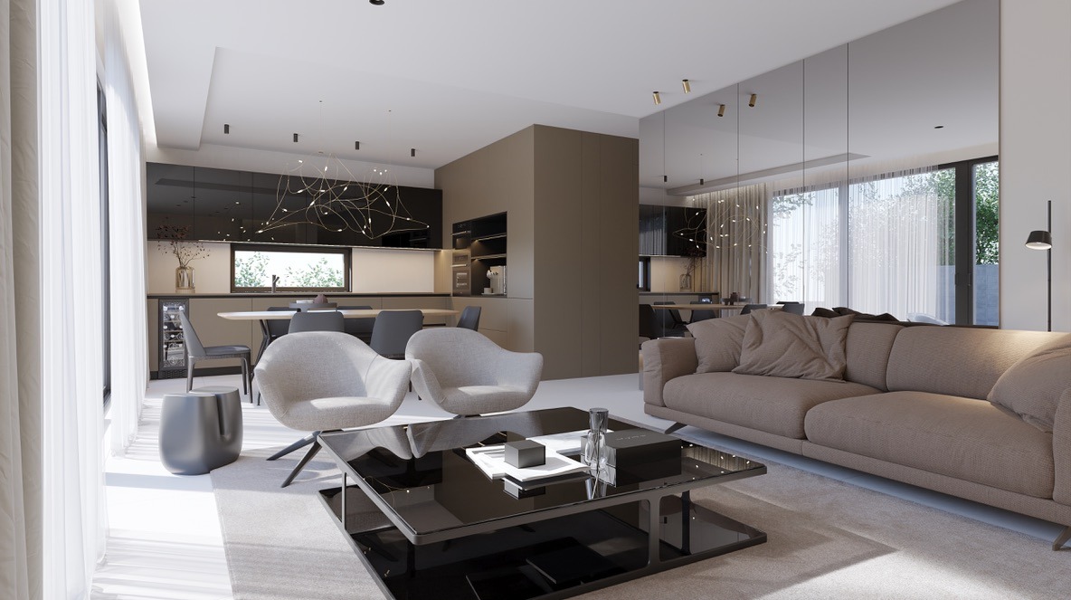 A photorealistic image of a modern condominium living room with minimalist design. Focus on the clean lines, open spaces, and premium finishes. The lighting is soft and natural. The camera angle is a medium shot, capturing the room's layout and key features. 4k resolution.
