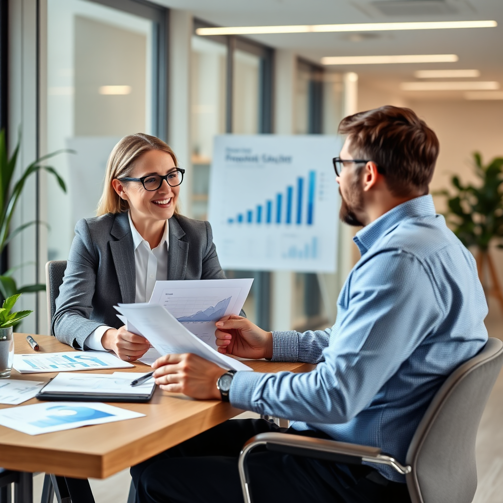 A photorealistic image of a financial advisor meeting with a client in a modern office setting. The focus is on trust and professionalism. The scene includes charts, graphs, and financial documents to convey expertise. The camera angle is a medium shot, capturing both the advisor and the client in a collaborative setting. 4k resolution.