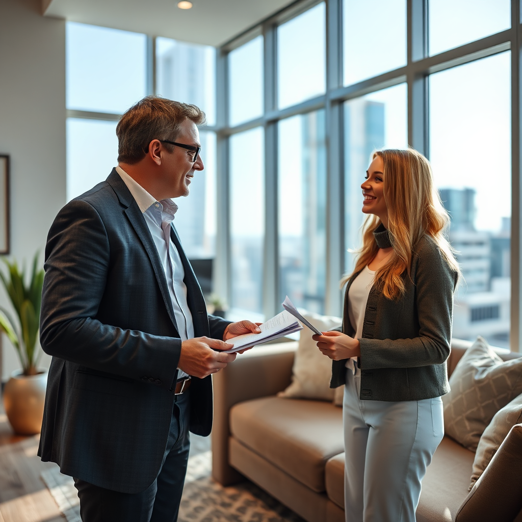 A photorealistic image of a real estate agent giving a tour of a Liburnian Sun condominium to a potential buyer. The focus is on creating a welcoming and informative atmosphere. The scene includes natural light streaming through large windows and highlighting the modern interior design. The camera angle should be a medium shot, capturing both the agent and the potential buyer in a comfortable setting. 4k resolution.
