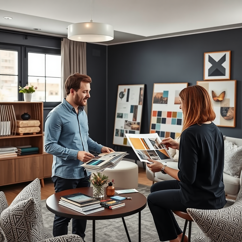 A photorealistic image of an interior designer presenting design options to a client. The focus is on creativity and personalization. The scene includes fabric swatches, color palettes, and design mockups to showcase the design process. The camera angle is a medium shot, capturing both the designer and the client in an engaging setting. 4k resolution.