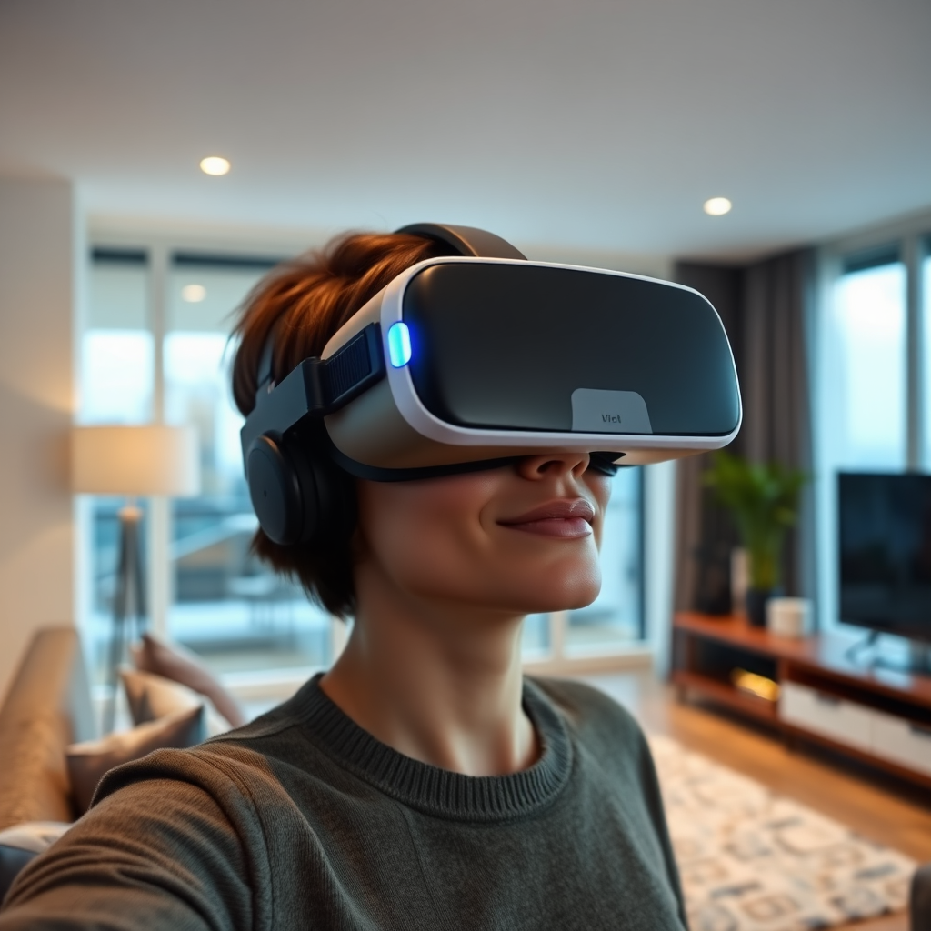 An image depicting a person wearing a VR headset and experiencing a virtual tour of a Liburnian Sun condominium. The background shows the interior of a modern living room. The lighting is soft and inviting. The camera angle is a medium shot, capturing the person and the surrounding environment. 4k resolution.